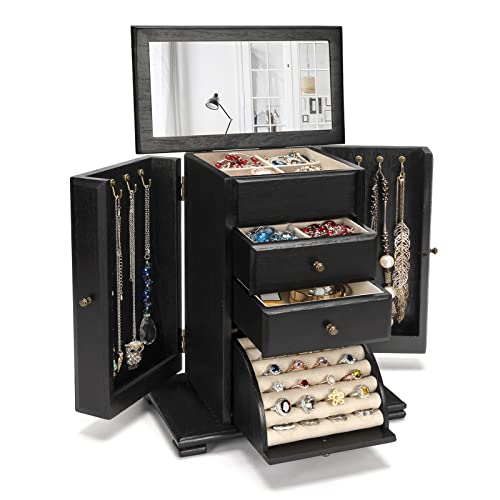 Emfogo Jewelry Box for Women, Rustic Wooden Jewelry Boxes & Organizers with Mirror, 4 Layer Jewelry Organizer Box Display for Rings Earrings Necklaces Bracelets (Black) by Emfogo - Used condition - US$31.19