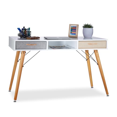 Relaxdays Escritorio, skandin. Diseño, 3 Compartimentos, 2 cajones, Mesa de Ordenador (Alto x Ancho x Profundo): Aprox. 74 x 125 x 60 cm, Madera, Color Blanco despacho, nórdico, 1 Ud