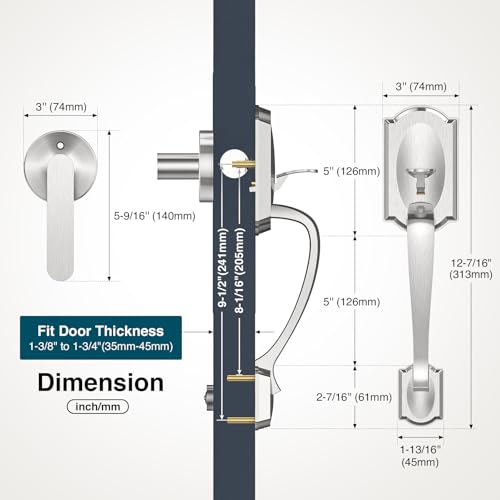 Image of Front Door Handle, Exterior Door Handle with Passage Lever, Vintage Front Entry Door Handle No Lock, Reversible for Left & Right Handed Doors, Lower Half Grip, Brushed Nickel