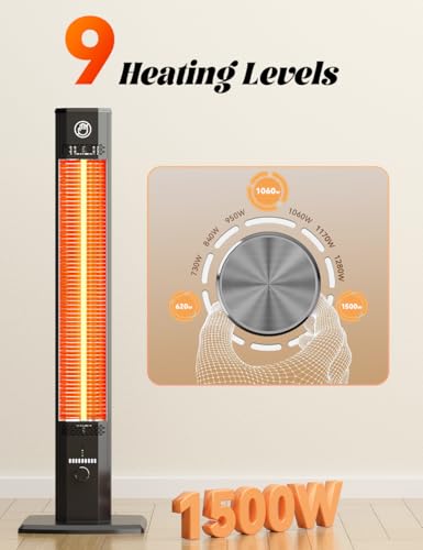 BALKO 42INCH Outdoor Heater, 9 Heat Levels & 540Min Timer, Child Safety Lock, IP65 Waterproof Garage Heater, 1500W Infrared Heating,Tip-Over & Overheat Protection, Patio Heaters for Outdoor Use Indoor - Thumbnail 3