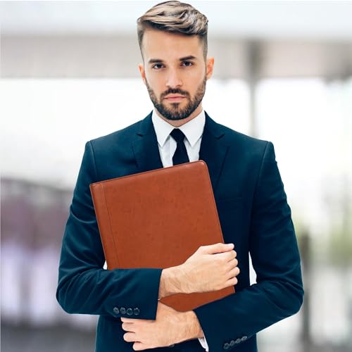 Free Engraved Name,Portfolio Binder with Zipper, Vegan Pu Leather Padfolio for Men and Women, Business Document Organizer with A4 Letter Sized Writing Pad Holder(Brown)