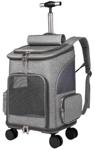 キャリーバッグ メッシュ リュック キャスター付き ペットキャリー ショルダーバッグ ペットバッグ キャリーカート 大容量 通気性 通院用 旅行 変形しない 災害避難用 折り畳み 便利 2way 軽量 360度回転 おでかけ (グレー, 32x26x49c