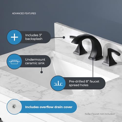 Image of OVE Decors Athea 36 in. Single Sink Freestanding White Bathroom Vanity with White Engineered Marble Top, Matching Backsplash, Power Bar and Matte Black Hardware