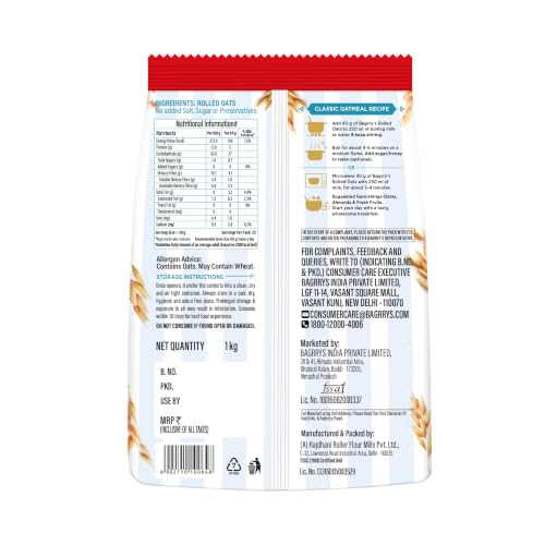 Image of Bagrry's Jumbo Rolled Oats 1kg | Whole Grain, High Fibre & Protein Breakfast Cereal | Non-GMO Oats | No Added Sugar & Preservatives | Instant Oats for Breakfast