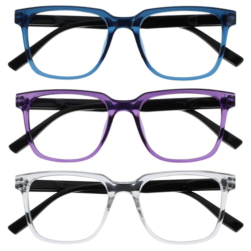 OPULIZE LEO Gafas de Lectura - Pack de 3 - Montura Rectangular Grande - Azul, Morado, Transparante - Hombre Mujer - Bisagras de Muelle - RRR55-35C - +1.00