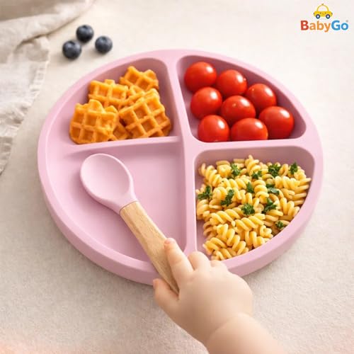 Image of BabyGo Silicone Suction Plate with Spoon for Babies | Microwave, Dishwasher & Freezer Safe | Unbreakable Feeding Plate with 4 Suction Cups for Babies & Toddlers | BPA-Free (Pink)