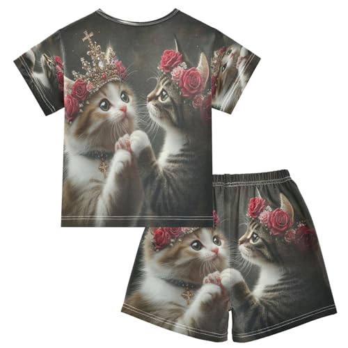 ALAZA Cat Rose Crown Pajamas Set Short Sleeve Cotton Sleepwear Summer Pjs 2 Piece 5-14Y2