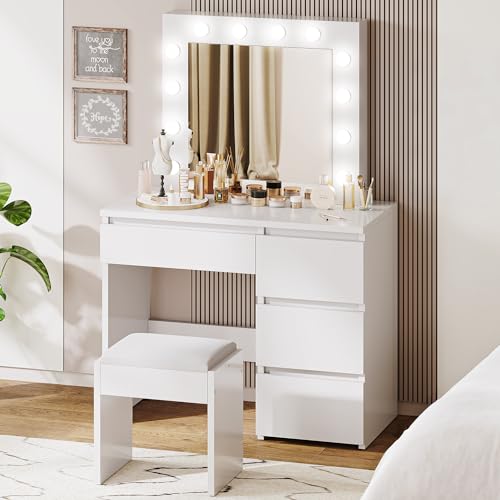YITAHOME White Dressing Table Set with Hollywood LED Lights Mirror, Cushioned Stool, LED Vanity Table with Adjustable Brightness, Makeup Desk with 4 Drawers, Makeup Table for Bedroom Girls Women
