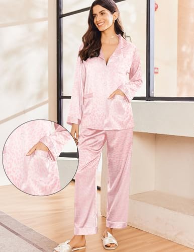 Image of Ekouaer Pajamas for Women Silk Satin Button Down Long Sleeve Pajama Sets