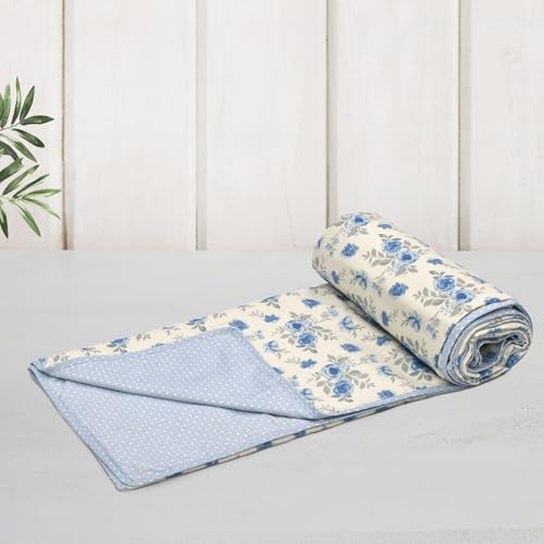 Image of HUESLAND 100% Cotton Reversible Dohar Single Bed Cotton | Soft Cambric Weave, Lightweight AC Blanket for Summer & All Weather Use | 56 x 89 inches, Floral Medley - Ivory & Blue
