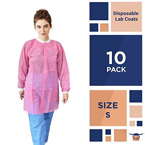 EZGOODZ Casacos de laboratório descartáveis rosa claro para adultos, pequeno. Pacote com 10 casacos