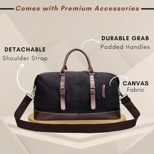Image of CAVALO - Be Unique Vintage Canvas Travel Duffel Bag for Men & Women, 40L Large Capacity Weekender Bag with Detachable Shoulder Strap, Leather Handles, for Travel, Gym & Business Trips (Black)