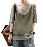 [Fosys] フェイクレイヤード 重ね着風 Tシャツ 半袖 レディース 夏服 ニット 薄手 大きいサイズ カジュアル (JP, アルファベット, L, カーキ)