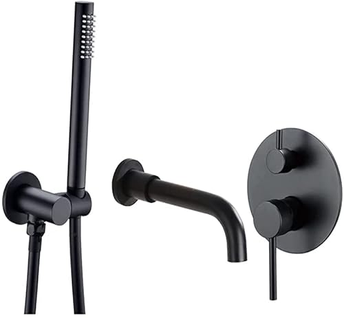 DFGHNBVC Bathtub Faucet With Shower, Tub Taps Hot And Cold Bathroom Faucet Brushed Brass Shower Faucet Diverter, With Wall Mount Spout Handheld Hose Bathtub Filler Mixer Tap Set,Brushed G,Black