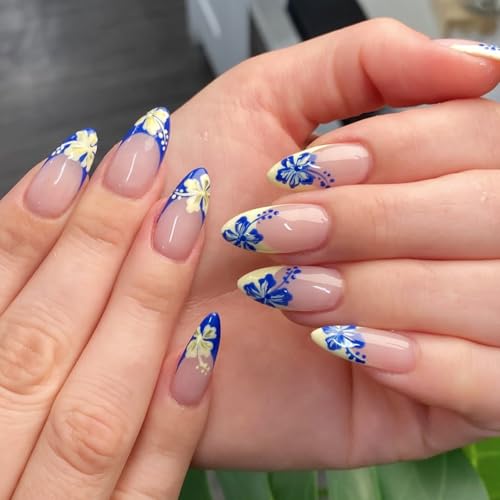 Press on Almond Nails Medium Length Acrylic Glossy Full Cover Pointed French False Nails with Designs Artificial Almond Fake Nails with Charms Glue Stick ons Fingernails for Women(A60411)