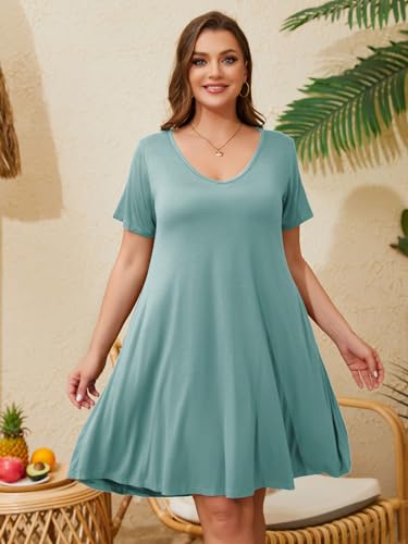 Image of ZENNILO Women's Plus Size Swing Dress with Pockets Casual Summer Dresses V Neck Short Sleeve T Shirt Dress for Women