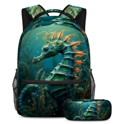 Sac à dos Blue Ocean Seahorse Seaworld avec trousse d'école pour garçons et filles