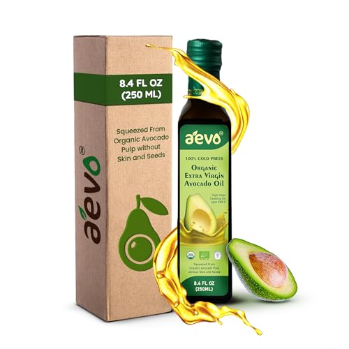 Image of AEVO Organic Extra Virgin Avocado Oil - Unrefined & Cold Pressed Cooking Oil for Frying, Grilling, Roasting & Baking with Monounsaturated Fats, Vitamin E & Omega-9-250ml Bottle