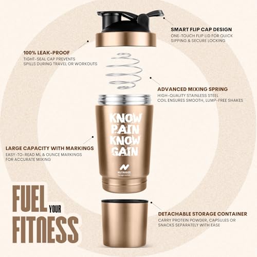 Image of Stainless Steel Shaker Bottle for Protein, 590ml Water Bottle with Extra Compartment | Leak-Proof, BPA-Free, Durable, and Multi-Functional for Protein Shakes (Bronze)
