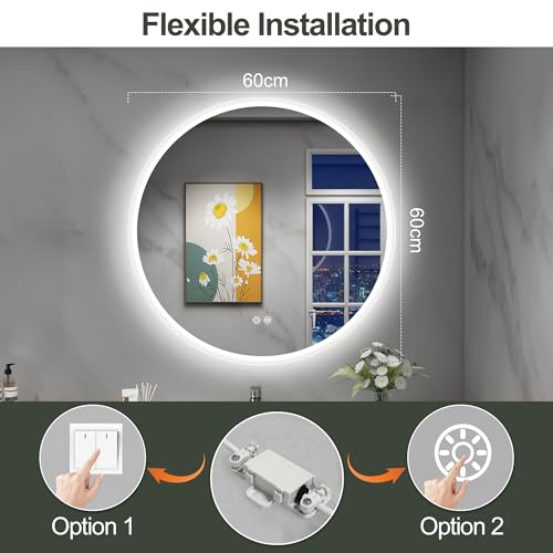 S’bagno Round Bathroom Mirror with LED Lights 600mm, LED Bathroom Mirror Wall Mounted, Anti-Fog, 3000K-6500K, Dimmable, HD Tempered Glass, Memory, IP44 Waterproof - Image 8