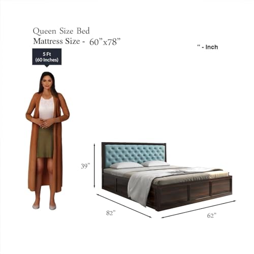 Image of DRIFTINGWOOD Dolvi Solid Sheesham Wood Queen Size Bed with Storage | Wooden Double Bed Cot Bed with Box Storage & Matt Cyan Velvet Upholstered Cushioned Headboard for Bedroom | Walnut Finish