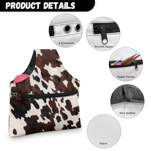 Image of KUIFORTI Cow Print Yarn Bag Kniting Wrist Bag Large Yarn Bags for Crocheting on The Go, Crochet Accessories Knitting Needles Holder Bag