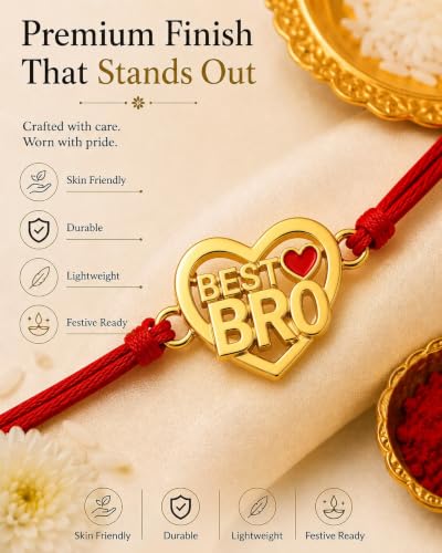 Image of Gold Plated Designer Rakhi Bracelet for Brother | Infinity, Heart, Evil Eye & BRO Designs | Raksha Bandhan Rakhi with Roli Chawal & Greeting Card