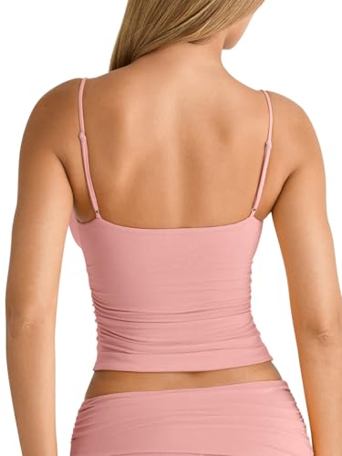 Image of PINKMSTYLE Women's Sexy V Neck Ruched Cami Top Sleeveless Spaghetti Double Layer Fitted Crop Tank Tops