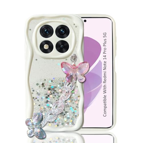 Image of KC Back Cover for Redmi Note 14 Pro Plus 5G - Crystal Butterfly Wrist Bracelet Dry Fixed Glitter Curly Wave Shape Shockproof Soft Silicone Case with Camera Protection (White)