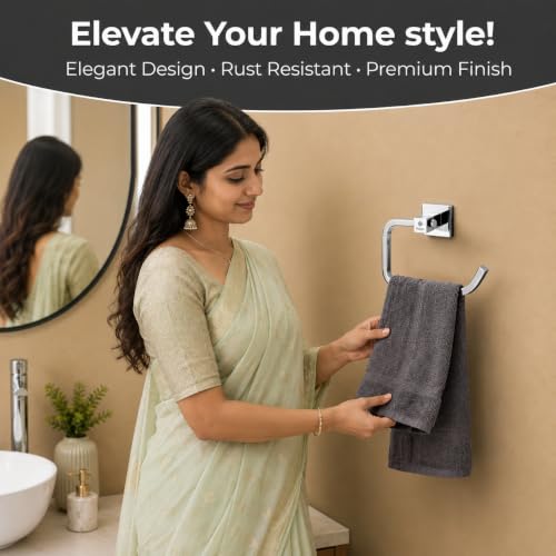 Image of SS304 Stainless Steel Towel Holder for Bathroom, Square Towel Ring, Wall Mounted, Chrome Finish, Hand Towel Hanger for Wash Basin, Kitchen Towel Hanger, Modern Bathroom Accessories