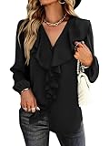 Vrtige Women's V Neck Ruffle Front Button Down Long Sleeve Blouse Tops Shirt Dark Black Large