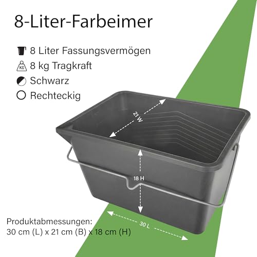 BAKOKI Farbeimer 8L – eckiger Malereimer aus Kunststoff mit Metallgriff und Gießrand, stabil, rechteckig und leicht, ideal für Renovierung, Garten und Reinigung