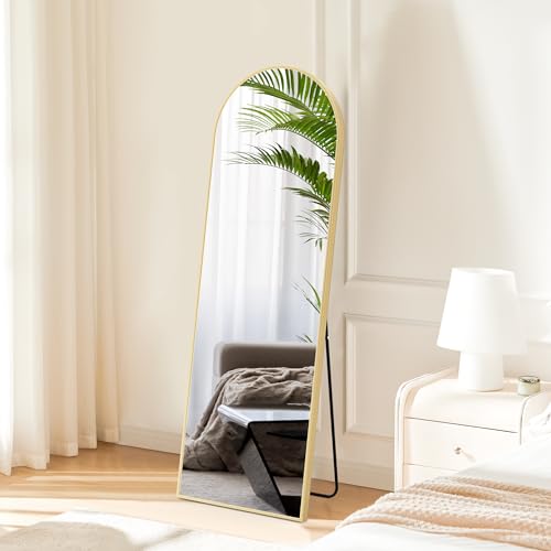 HAPPYMONT 56"x16" Arched Full Length Mirror, Full Body Mirror with Leaning or Standing, Floor Standing Aluminum Frame for Bedroom, Livingroom, Cloakroom, Gold
