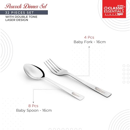 Image of Classic Essentials Stainless Steel Dinner Set|Serves 4 People|Heavy Gauge|Kitchen Set|Permanent Laser-Peacock, (Set of 32)