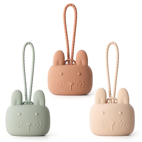 ROCCED Pacifier Holder Case Silicone Bunny Design Pacifiers Pouch with Soft Silicone Strap Travel Storage for Stroller & Diaper Bag Pacifier Holder Pouch for Baby Set of 3 Beige Dusty Green Brown