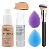 HQDA 5PCS Matte Liquid Full Coverage Foundation Set with Face Primer, Foundation Brush, Makeup Sponge - Unisex, All Skin Tones, All Skin Types, Oil Control, Makeup Set