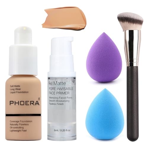 HQDA 5PCS Matte Liquid Full Coverage Foundation Set with Face Primer, Foundation Brush, Makeup Sponge - Unisex, All Skin Tones, All Skin Types, Oil Control, Makeup Set