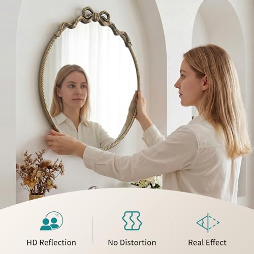 Image of Round Bronze Bow Mirror, 30 inchx28 inch Vintage Mirror with Metal Frame