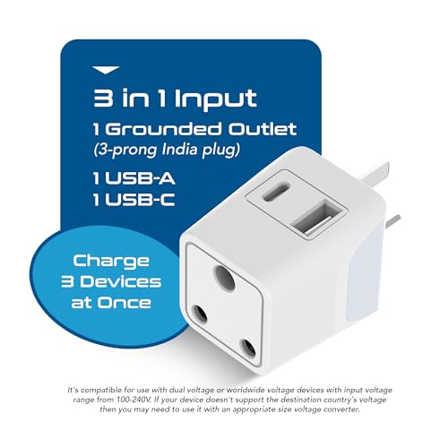 Image of Ceptics Travel Adapter India to Australia Plug Converter, 3 in 1 Australia Plug Adapter, China New Zealand Adaptor Plug with 1 USB, 1 USB-C, Type I for Laptops, Phones, CE - RoHS, White - 1 Pack