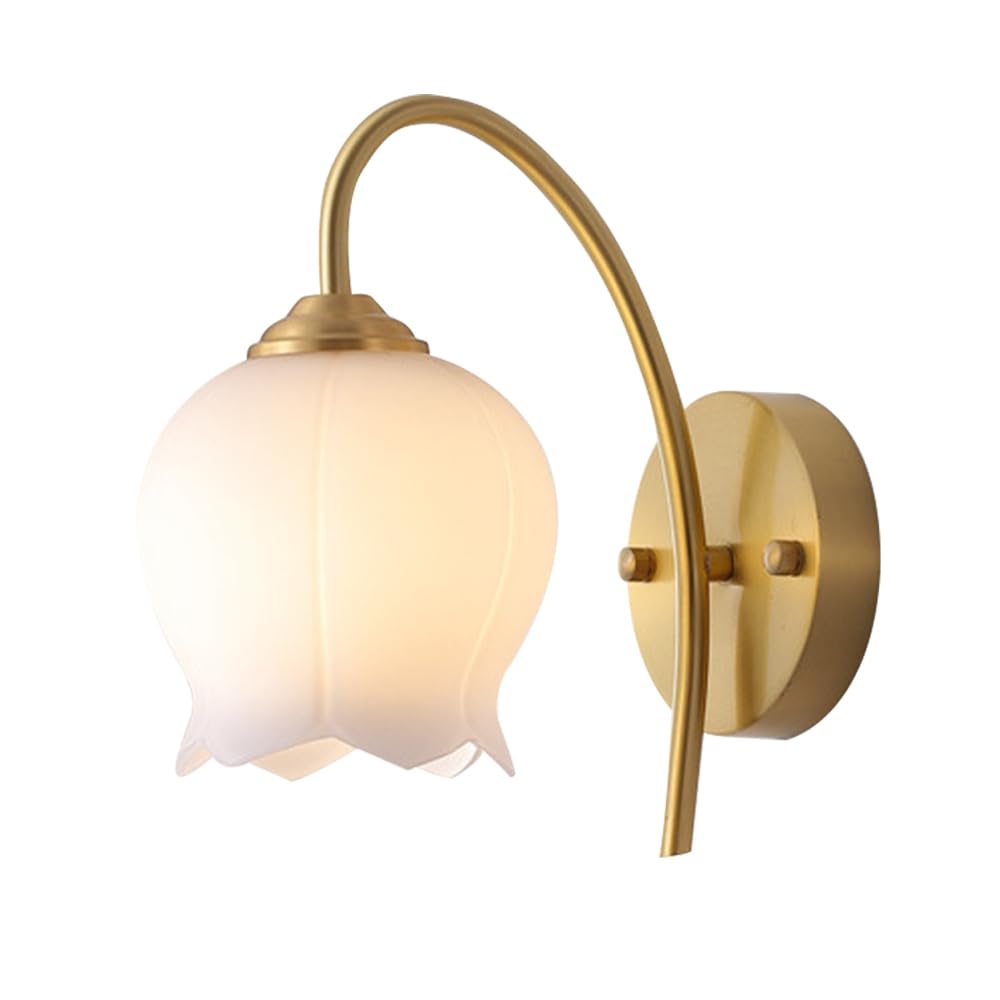 HPTHLY Flower Wall Sconce Lighting White Glass Wall Lamp Shade Brass Wall Mount Light Nordic Wall Sconces E27 Headboard Lamps For Living Room Bedroom Bedside