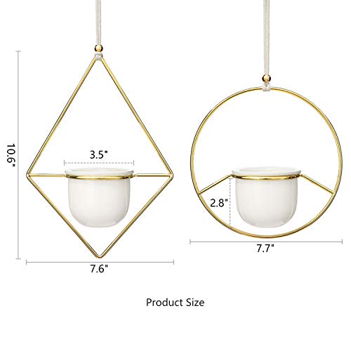 Mkono 2 Pcs Mini Hanging Planter Vase Set, 3.5" White Ceramic Plant Pot With Gold Metal Geometric Plant Hanger Modern Window Ceiling Planters For Small Succulent Cactus Herb Air Plant (Pots Included) #TOP6