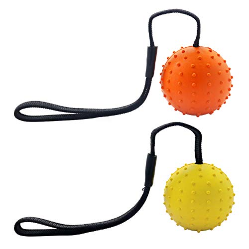 Vivifying Hundeball auf einem Seil, 2 Stück Interaktiver Naturkautschuk Ball Hund zum Apportieren, Fangen, Werfen und Ziehen des Krieges(Orange + Gelb)