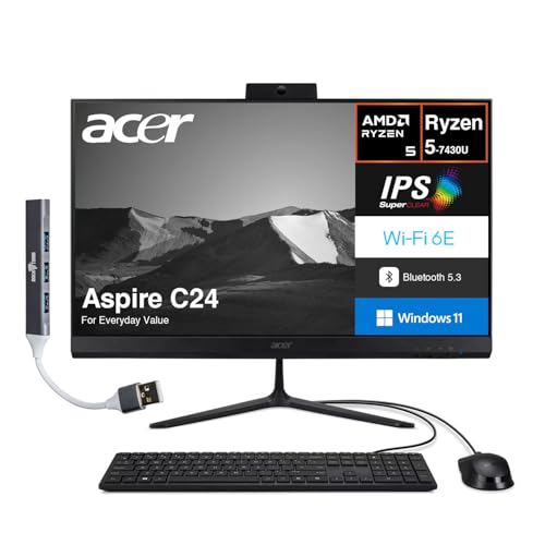 Image of acer Aspire C24 Everyday Value All-in-One 23.8 inch IPS FHD Display (AMD Ryzen 5 7430U, 64GB DDR4, 512GB PCIe SSD, AMD Radeon, WiFi 6E, Webcam, Bluetooth 5.3, Win 11 Home) w /DKZ USB Port Expander
