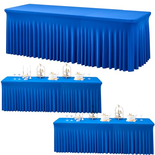 Image of 3 Packs Royal Blue Spandex Tablecloths for 8 Foot Rectangle Tables, Stretchy Fitted 8FT Blue Table Skirt for Wedding Party, Wrinkle Free Tablecloths for Banquet Wedding Birthday Party