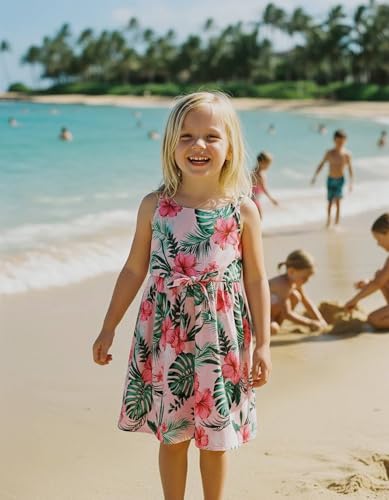Image of PATPAT Girls Summer Dress Hawaiian Floral Beach Tropical Sundress 2-7 Years | Midi Spaghetti Strap Dress with Lining