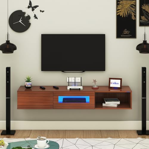 Image of Anikaa Strix Wall Mount Modern Floating TV Unit for Living Room with 3 Storage Cabinet & Blue LED Light (Ideal for 32 to 55 inch TV, DIY Installation, Walnut Finish)