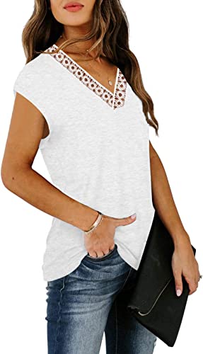 Etcyy Womens Casual Cap Sleeve Tops 2023 Trendy Solid Color Summer Tops Loose Fit Lace T Shirts White Blouses #TOP2