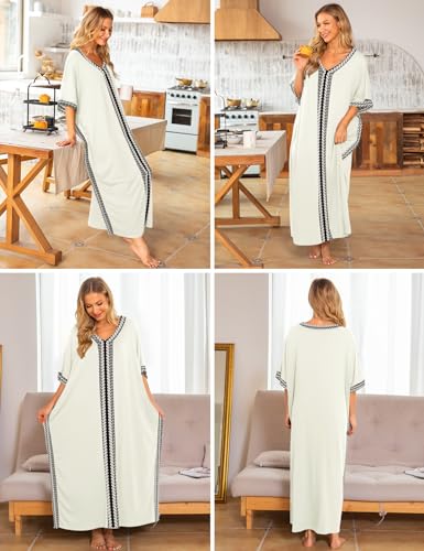 Image of Bloggerlove Women Nightgowns Cotton Caftan House Dress Short Sleeve Sleepwear Vacation Beach Moo Moos Dress with Pockets