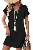 NobSuit Damen Sommerkleid Schwarz Einfarbig T Shirt Kleid Kurzarm V Ausschnitt Freizeit Strandkleid Locker Swing Casual