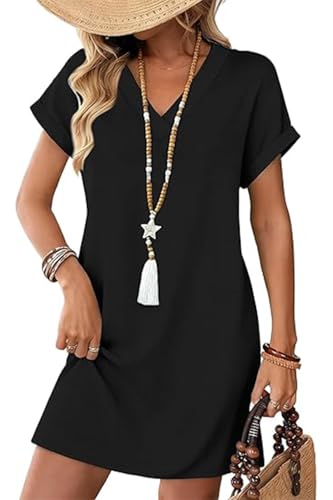 NobSuit Damen Sommerkleid Schwarz Einfarbig T-Shirt Kleid Kurzarm V-Ausschnitt Freizeit Strandkleid Locker Swing Casual